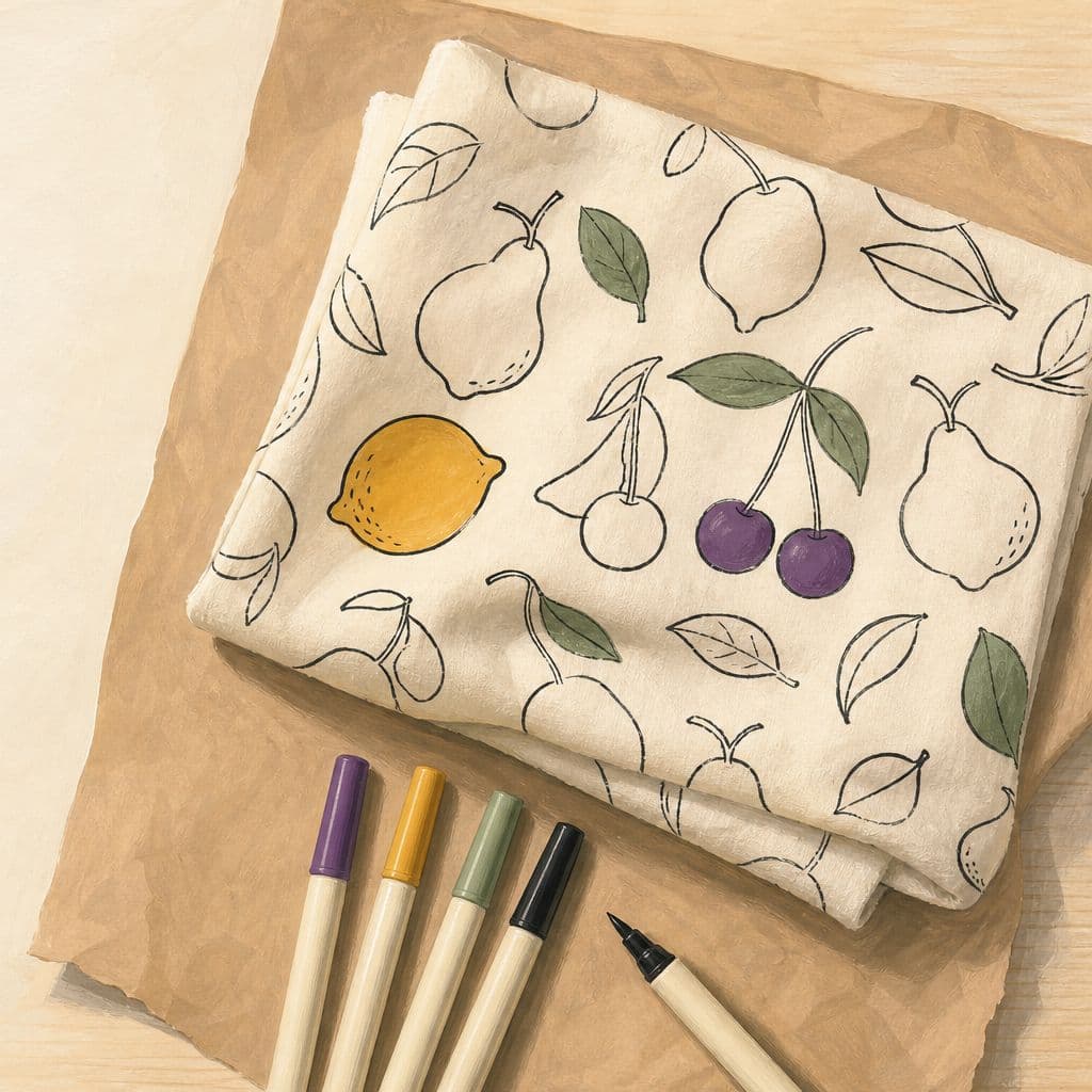 Visuel d'illustration : plaid imprimé de fruits au trait noir, un citron et des cerises coloriés au feutre, feutres posés à côté (peinture d'illustration, pas une photo du kit)